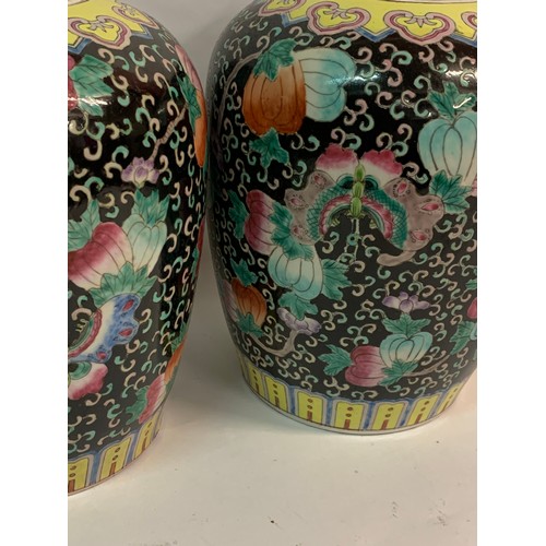 285 - Pair Of Hand Painted Chinese Ceramic Lidded Jars. 32 cms High