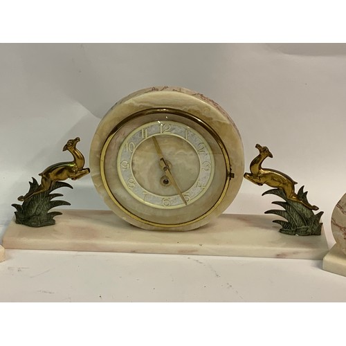 296 - Art Deco Clock Garniture Set With Leaping Deer Adornments.