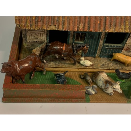 334 - Vintage Farm Building Along With A Selection Of English Made Farm Animals.