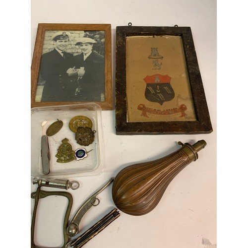 341 - Quantity Of Military Interest To Include A Copper Powder Flask , Whistles , Penknives Etc.