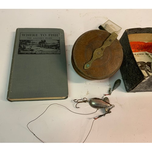 344 - Vintage Wood Centrepin Fishing Reel Along With A Where To Fish Book Etc