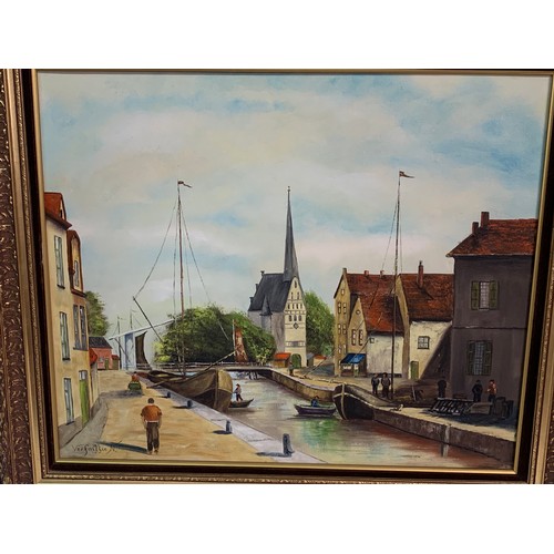 356 - Framed European Oil On Canvas Canal Scene. 64 x 74 cms