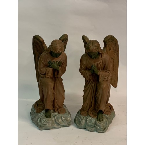 387 - Good Sized Pair Of Praying Angel Figures In Chalk Standing 44 cms High Signed To Base.