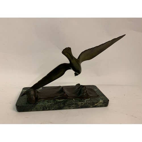 390 - Art Deco Signed Bronze Bird On Marble Base. 25 x 20 cms