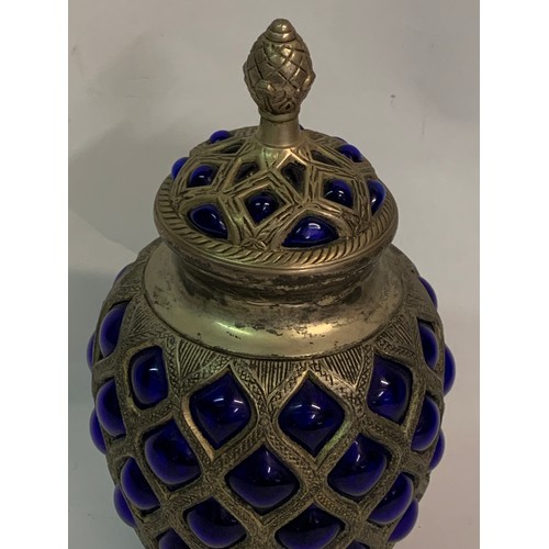 391 - Silver Plate And Blue Glass Lidded Jar Standing 31.5 cms High