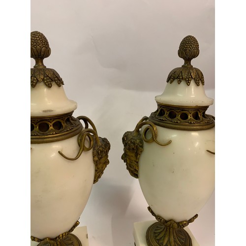 392 - Pair Of Marble Lidded Cassolettes With Bronze Green Man Decoration. 28 cms High