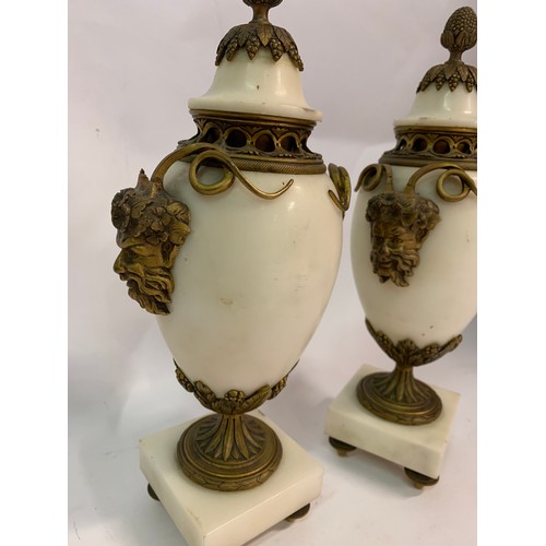 392 - Pair Of Marble Lidded Cassolettes With Bronze Green Man Decoration. 28 cms High