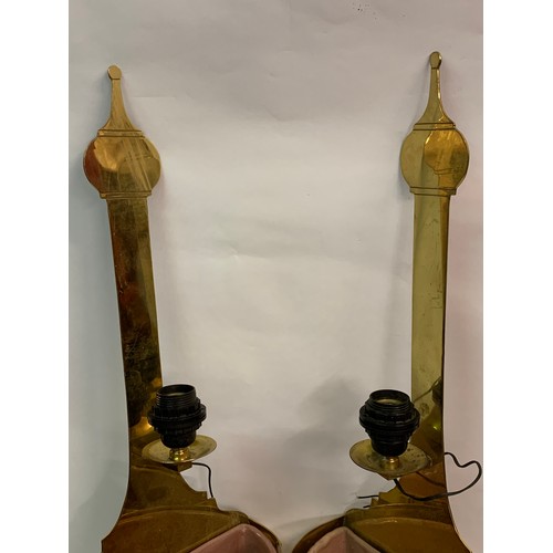 393 - Pair Of Large Brass With Ceramic Insert Wall Sconces. 81 cms Long