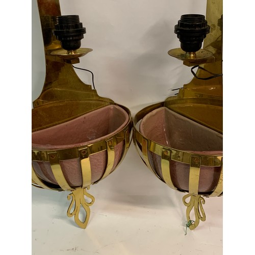 393 - Pair Of Large Brass With Ceramic Insert Wall Sconces. 81 cms Long