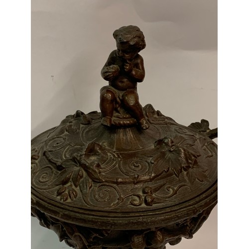 403 - Mounted Antique Spelter  Lidded Centrepiece With Cherub Finial. 29 cms High