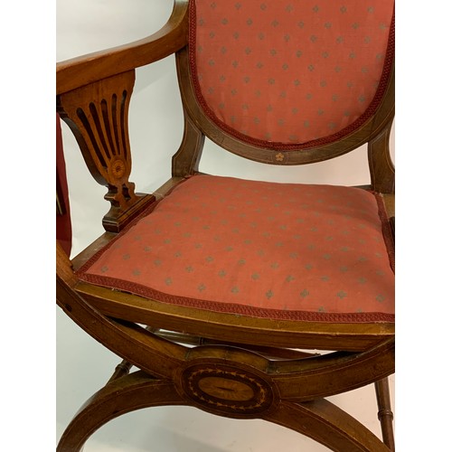 77 - Antique X Frame Elbow Chair With Inlay.