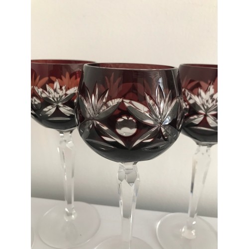 182 - Set Of 4 Ruby Bohemian Crystal Hock Glasses