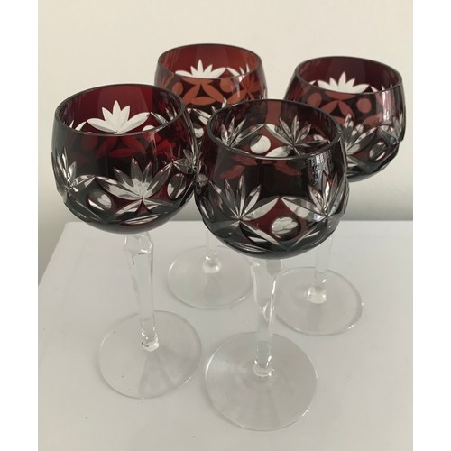 182 - Set Of 4 Ruby Bohemian Crystal Hock Glasses