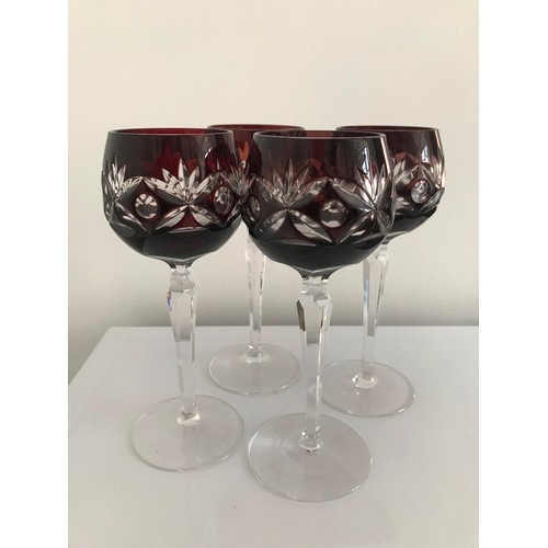 182 - Set Of 4 Ruby Bohemian Crystal Hock Glasses