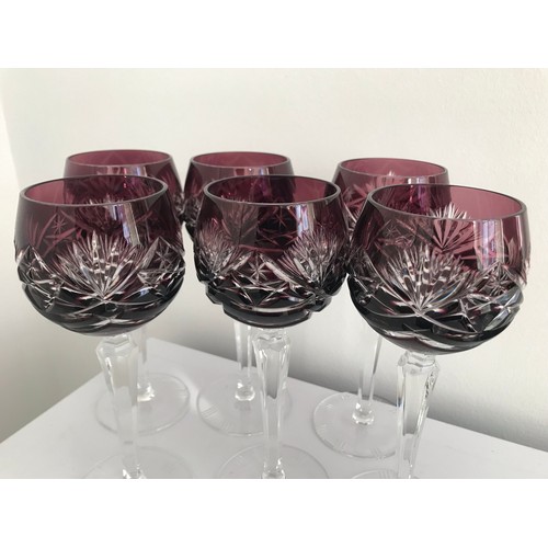 181 - Set Of 6 Bohemian Crystal Wine Glasses On Long Glass Stems