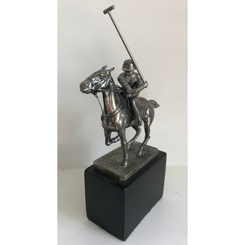 195 - Vintage Bronze Statue Of A Polo Player On Wooden Base