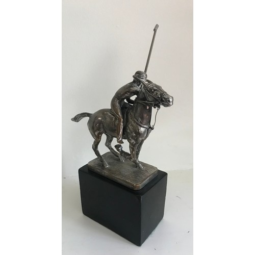 195 - Vintage Bronze Statue Of A Polo Player On Wooden Base