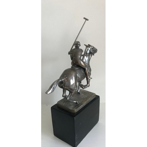 195 - Vintage Bronze Statue Of A Polo Player On Wooden Base