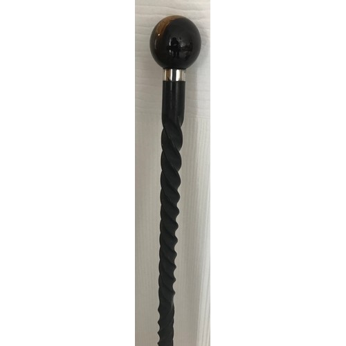 123 - Antique Ebony Walking Cane (small repair) With Tiger Eye Finial Having A Stamped Silver Collar