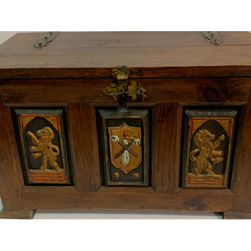 89 - Gothic Style Box With Painted Panel And Iron Decoration. 61 x 33 x 37 cms