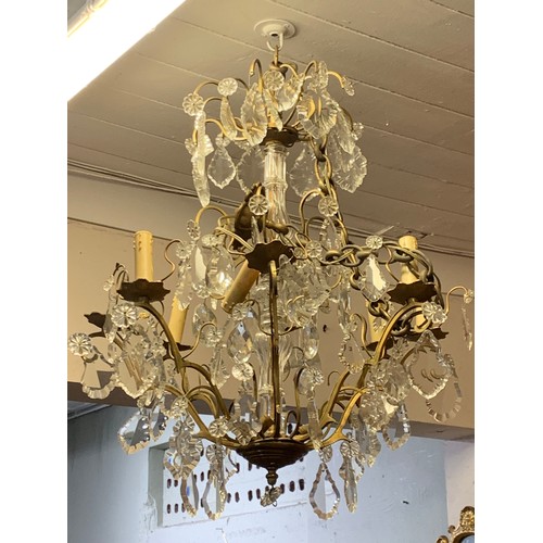 445 - Antique French Brass And Glass Prism Chandelier 70 cms Drop With Heavy Duty Chain.