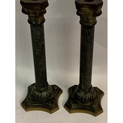 447 - Pair Of Bronze classical Corinthian column candle sticks. Standing Just Over 30 Cms High