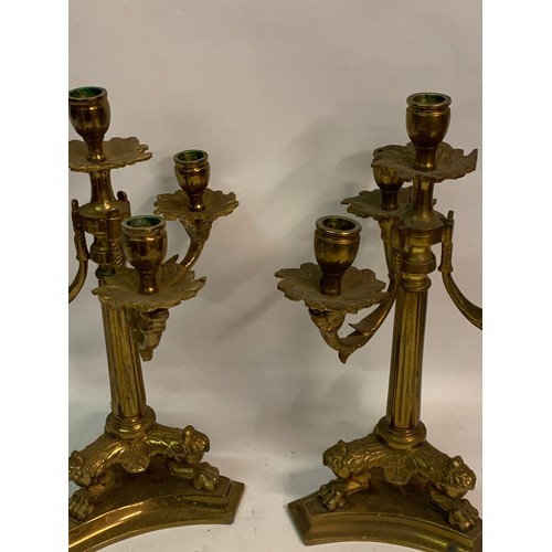 453 - Pair Of Good Quality Candlestick With Three Branches Off A Lion Paw Feet Mounted Column. 35 cms High