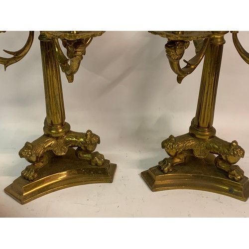 453 - Pair Of Good Quality Candlestick With Three Branches Off A Lion Paw Feet Mounted Column. 35 cms High