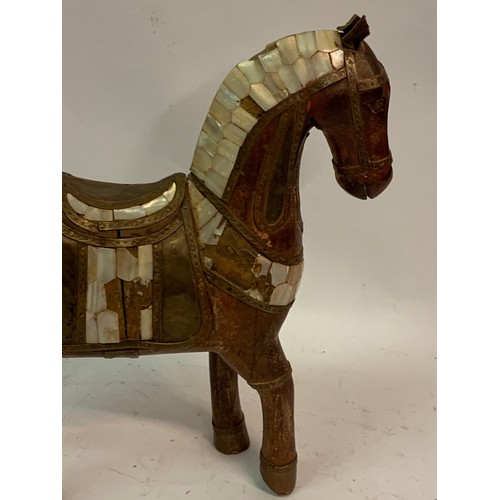 454 - Wood Figure Of A Horse With Brass And Mother Of Pearl Inlay. 29 x 30 cms