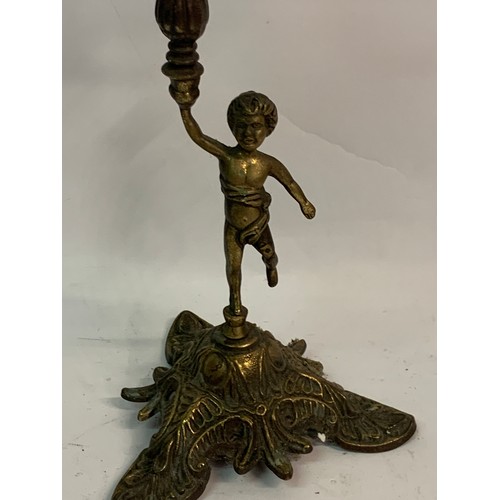 455 - Vintage Gilded Metal Cherub Candlestick. 42 cms High