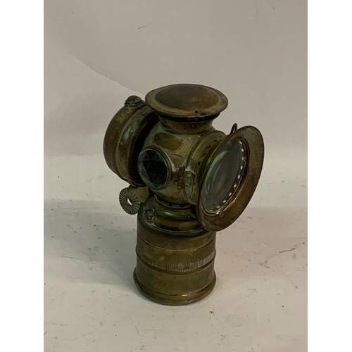 488 - Similar To Previous Lot Vintage Carbide Bicycle Lamp With Red Ands Green Side Lenses  20 cms High