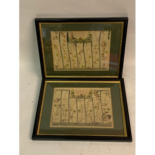 523 - Pair Of Framed And Glazed Road  Maps  The Road From London To Montgomery North Wales Along With Lond... 