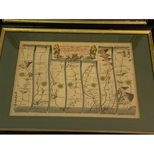 523 - Pair Of Framed And Glazed Road  Maps  The Road From London To Montgomery North Wales Along With Lond... 