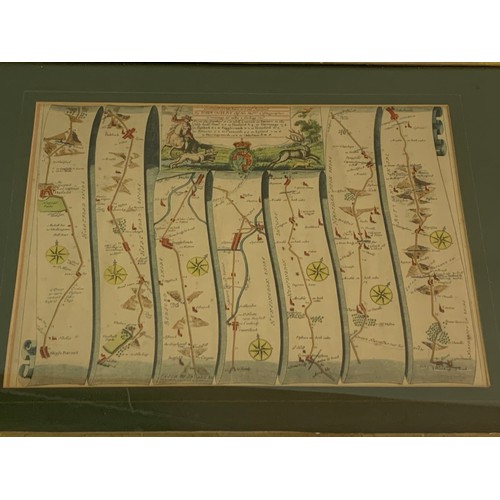 523 - Pair Of Framed And Glazed Road  Maps  The Road From London To Montgomery North Wales Along With Lond... 