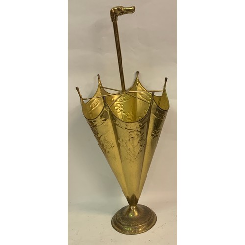 555 - Vintage Brass Stick Stand In The Form Of A Umbrella With A Dog Figure Finial. 72 cms High