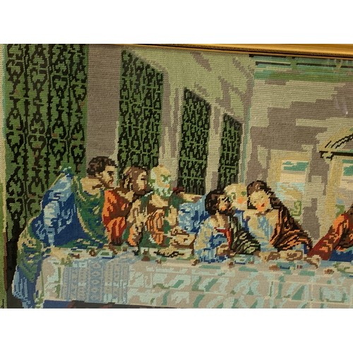 561 - Vintage Framed And Glazed Needlework Depiction Of The Last Supper. 120 x 56 cms