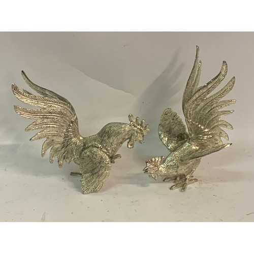 562 - Pair Of Silver Plated Fighting  Pheasants 18 cms High (2)