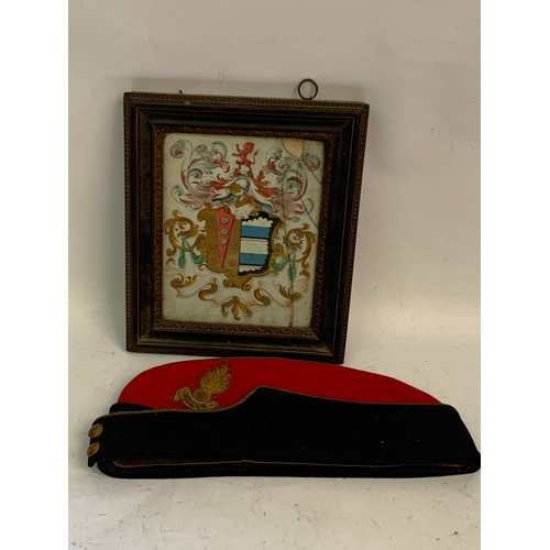 567 - A military Artillery  Side Cap Along With A 18th Century Heraldic Coat Of Arms Framed And Glazed (Gl... 