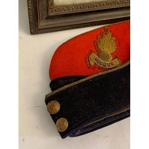 567 - A military Artillery  Side Cap Along With A 18th Century Heraldic Coat Of Arms Framed And Glazed (Gl... 