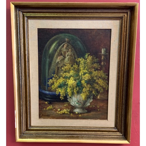 572 - Vintage Framed Oil On Board Study Of Flowers With Religious Dome Signed Bottom Left. 67 x 57 cms