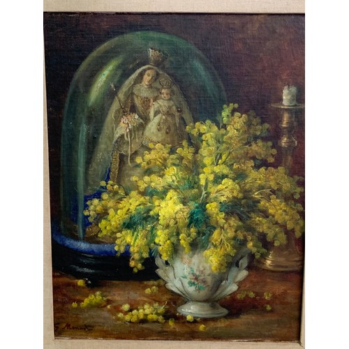 572 - Vintage Framed Oil On Board Study Of Flowers With Religious Dome Signed Bottom Left. 67 x 57 cms