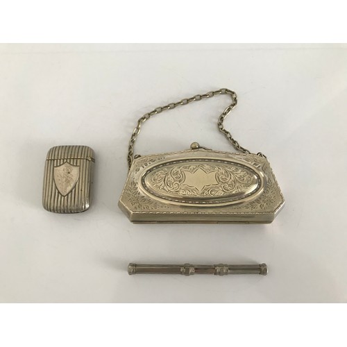 183 - Antique Silver Plated Collection To Include A Night Purse af Together With A Beacon Vesta And Projec... 