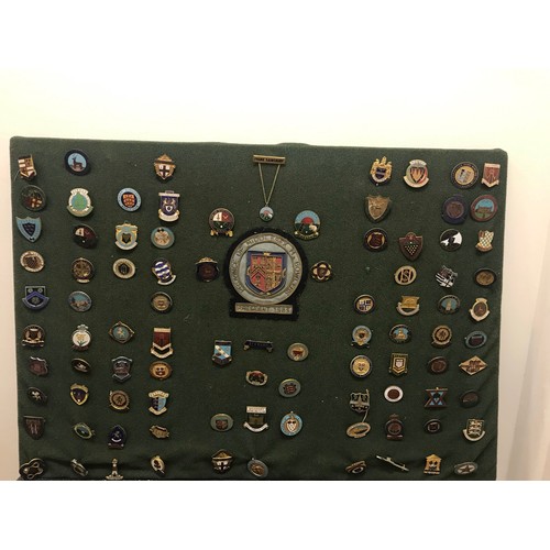 187 - Vintage Display Of Approx 100 Enamel Bowling Club Pins