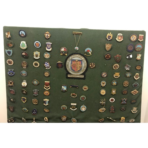 187 - Vintage Display Of Approx 100 Enamel Bowling Club Pins