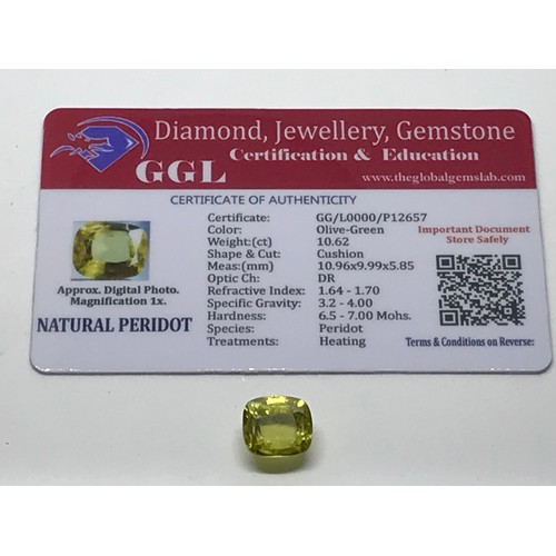 310 - Cushion Cut Approximately 10.62 Carat Olive Green Natural Peridot  Gemstone With Certificate Yeovil ... 