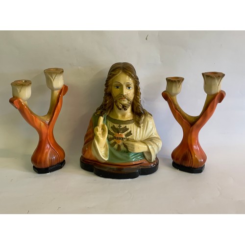 68 - Vintage Religious Mantle Set Comprising Of A Figure Of Jesus Signed To Reverse And Two Candlesticks ... 