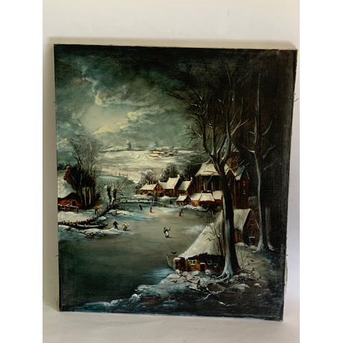 288 - Vintage Unframed Oil On Canvas Of A Frozen European River With People Ice Skating. 60 x 50 cms