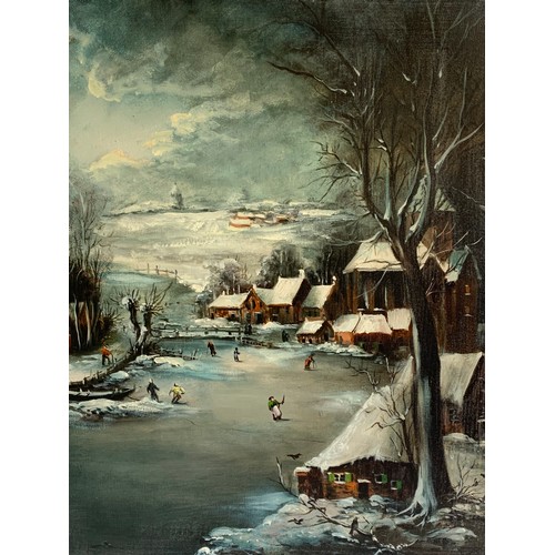 288 - Vintage Unframed Oil On Canvas Of A Frozen European River With People Ice Skating. 60 x 50 cms