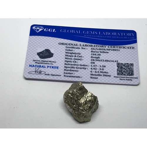 362 - Rough Cut Approximately 104.30 Carat Barss Yellow Natural Pyrite Gemstone With Certificate Yeovil Au... 