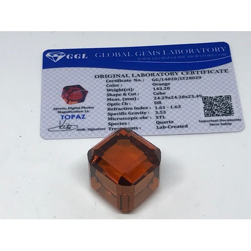 363 - Cube Cut Approximately 143.20 Carat Orange Topaz Gemstone With Certificate Yeovil Auctions Is Not GI... 